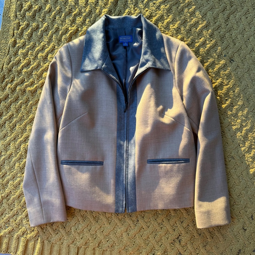 Pendleton 100% Virgin Wool Zip Up Jacket Tan Grey Petite 10 Office Academia